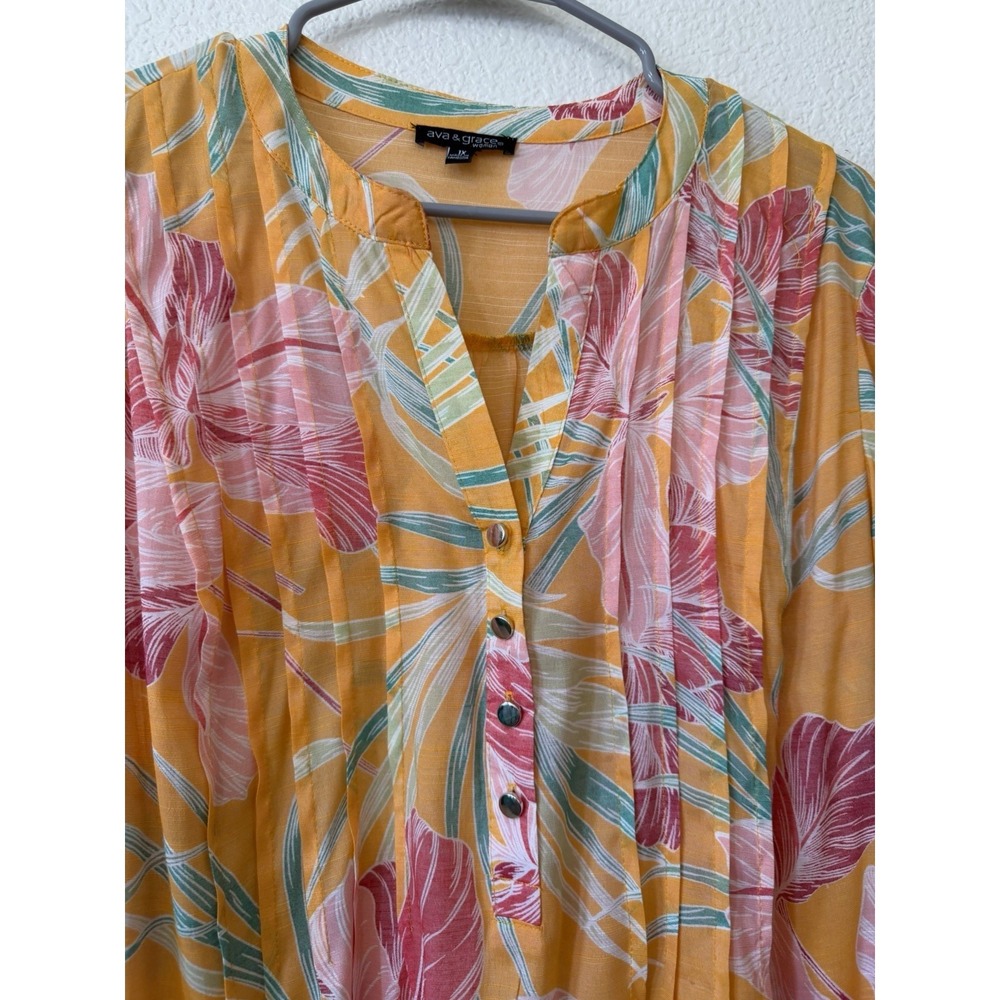 Ava & Grace 1X Floral Blouse Tropical Rayon 3/4 Sleeve Boho Orange Summer Resort - Picture 5 of 15